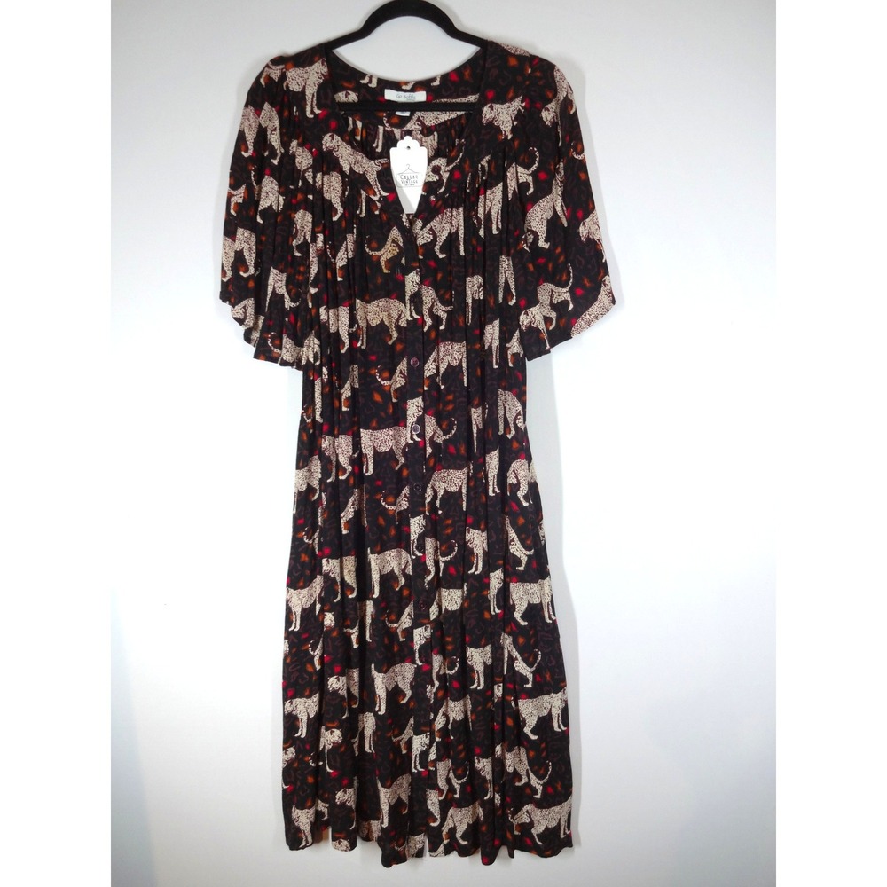Go Softly Patio Dress Women XL Black Leopard Print Button Front Rayon Bohemian